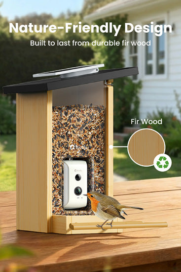 Comedouro inteligente com câmara solar, IA (6.000+ espécies), madeira ecológica (ébano)