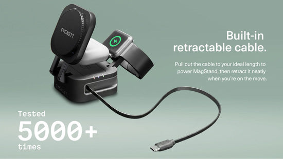 Carregador sem fios dobrável 3 em 1 MagStand com cabo retrátil Preto